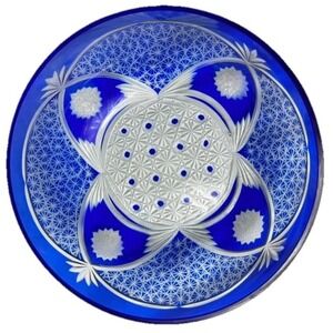 Vintage Cobalt Blue Czech Bohemian Style Cut-to-clear Crystal Bowl Crafted Decor